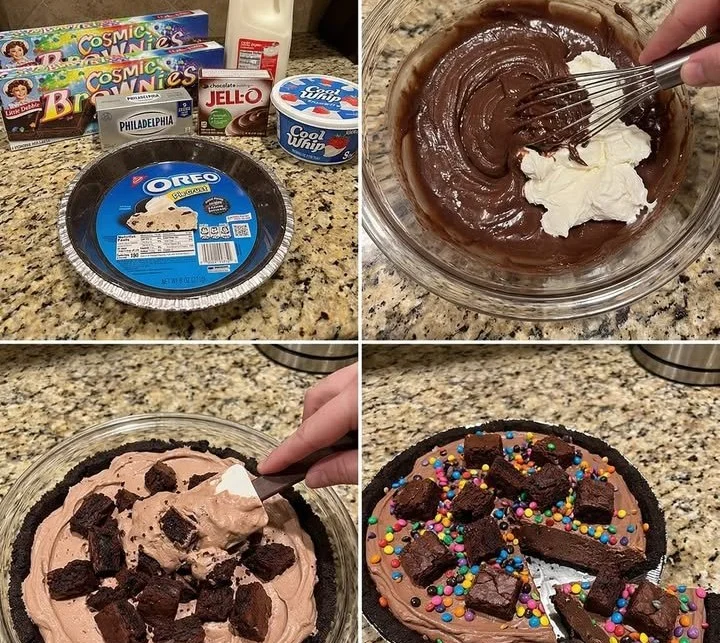 No-Bake Cosmic Brownie Pie topped with colorful sprinkles and chocolate ganache.