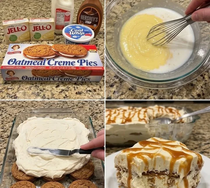 No-Bake Oatmeal Creme Pie Icebox Cake topped with chocolate and cream.