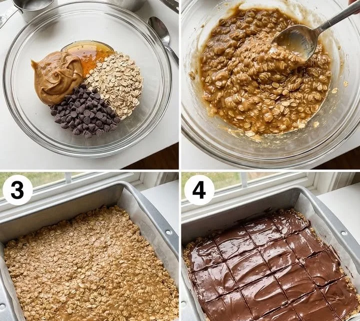 No-bake peanut butter oatmeal bars topped with chocolate and nuts.