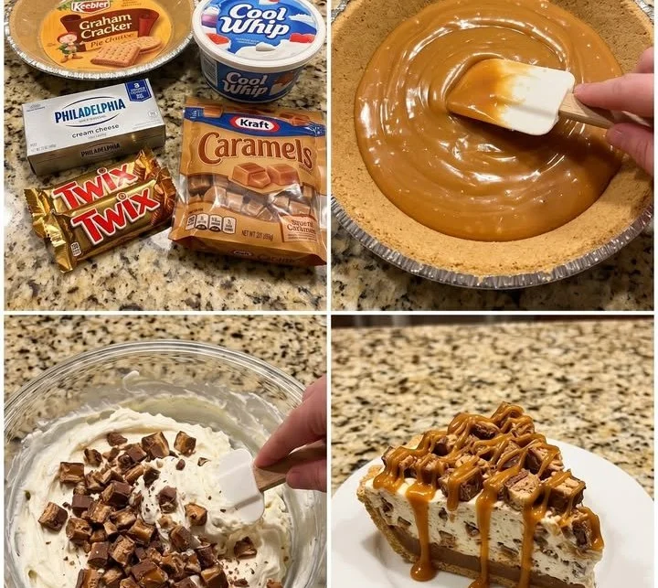 No-Bake Twix Pie topped with chocolate and caramel on a graham cracker crust
