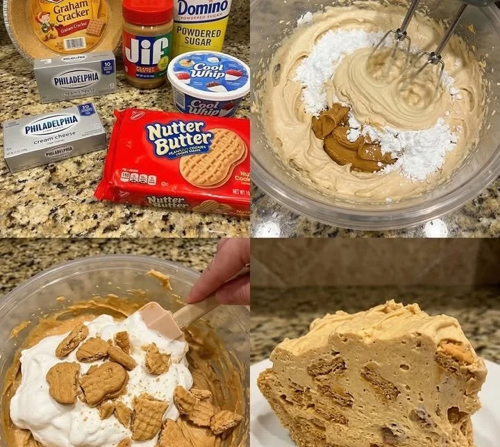 Nutter Butter Peanut Butter Fluff Pie slice on a plate garnished with whipped cream