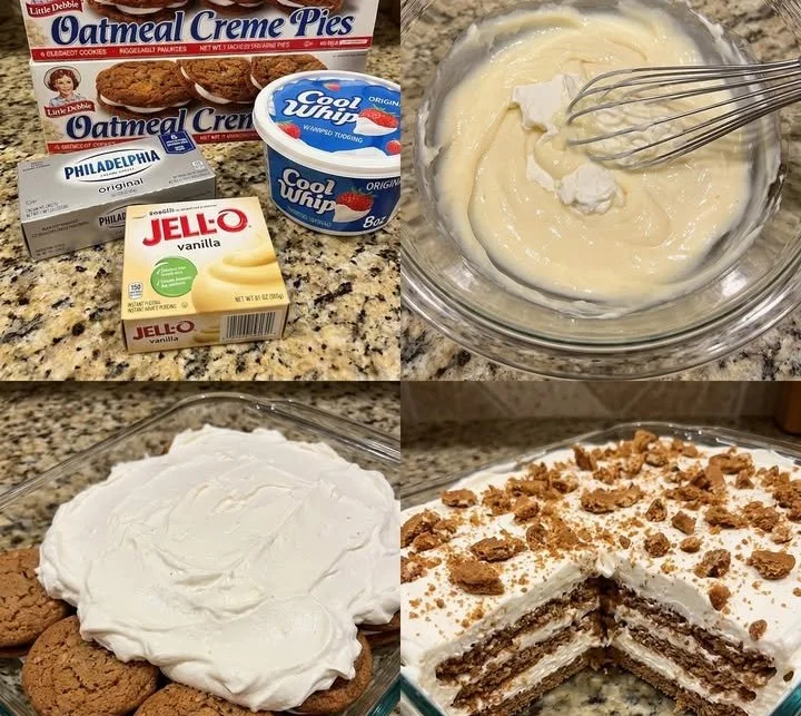 Oatmeal Creme Pie Icebox Lasagna with layers of oatmeal cookies and creamy filling