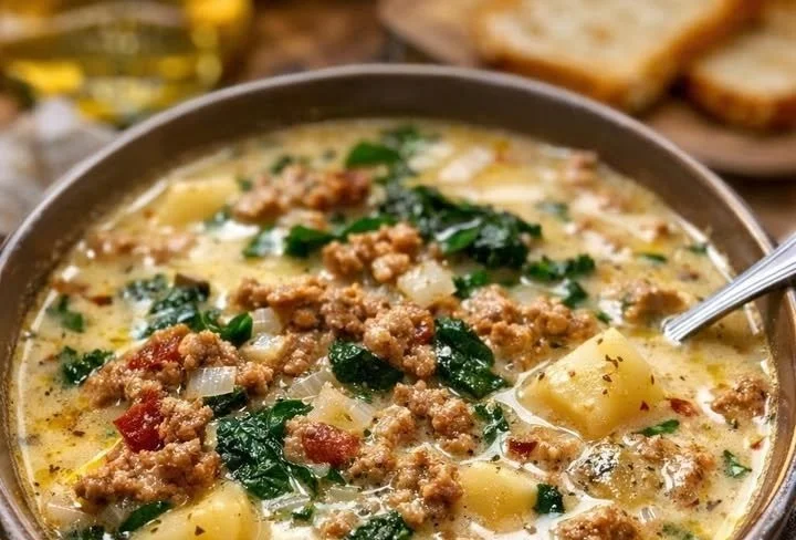 Bowl of Olive Garden Tuscan Soup with fresh ingredients and herbs
