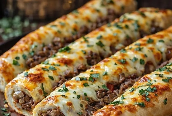 Philly cheesesteak stuffed cheesy breadsticks on a wooden platter