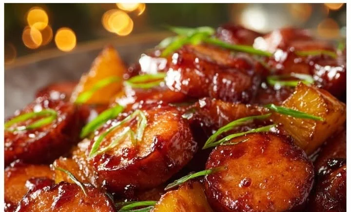 Pineapple brown sugar glazed holiday sausage bites on a festive platter