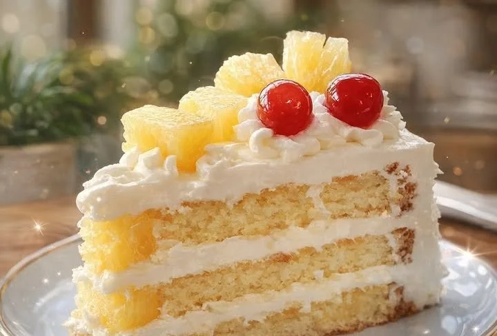 Delicious Pineapple Heaven Cake topped with fresh pineapple and creamy frosting