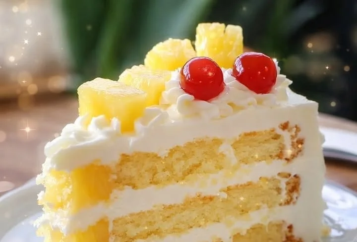 Delicious Pineapple Heaven Cake topped with creamy frosting and fresh pineapple chunks