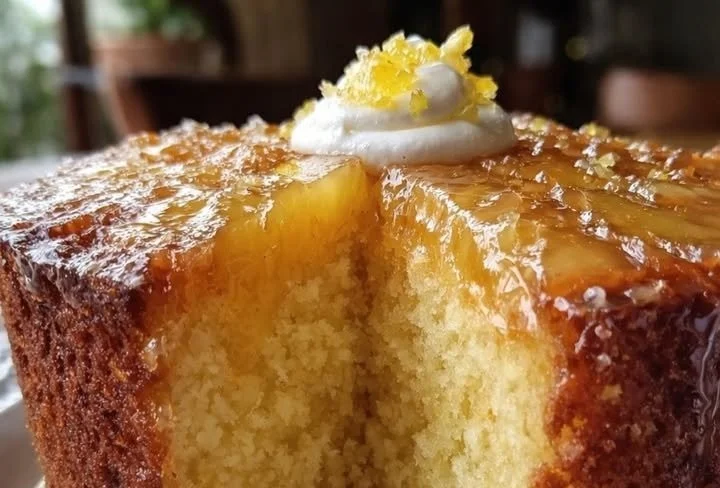 Deliciously moist Pineapple Juice Cake topped with fresh pineapple slices.