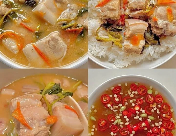 Bowl of Pork Sinigang with vegetables in a savory broth