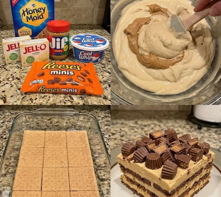 Reese's Peanut Butter Cup Icebox Cake served on a plate with chocolate drizzle
