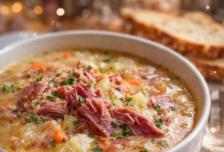 Bowl of hearty Reuben Soup with corned beef and sauerkraut