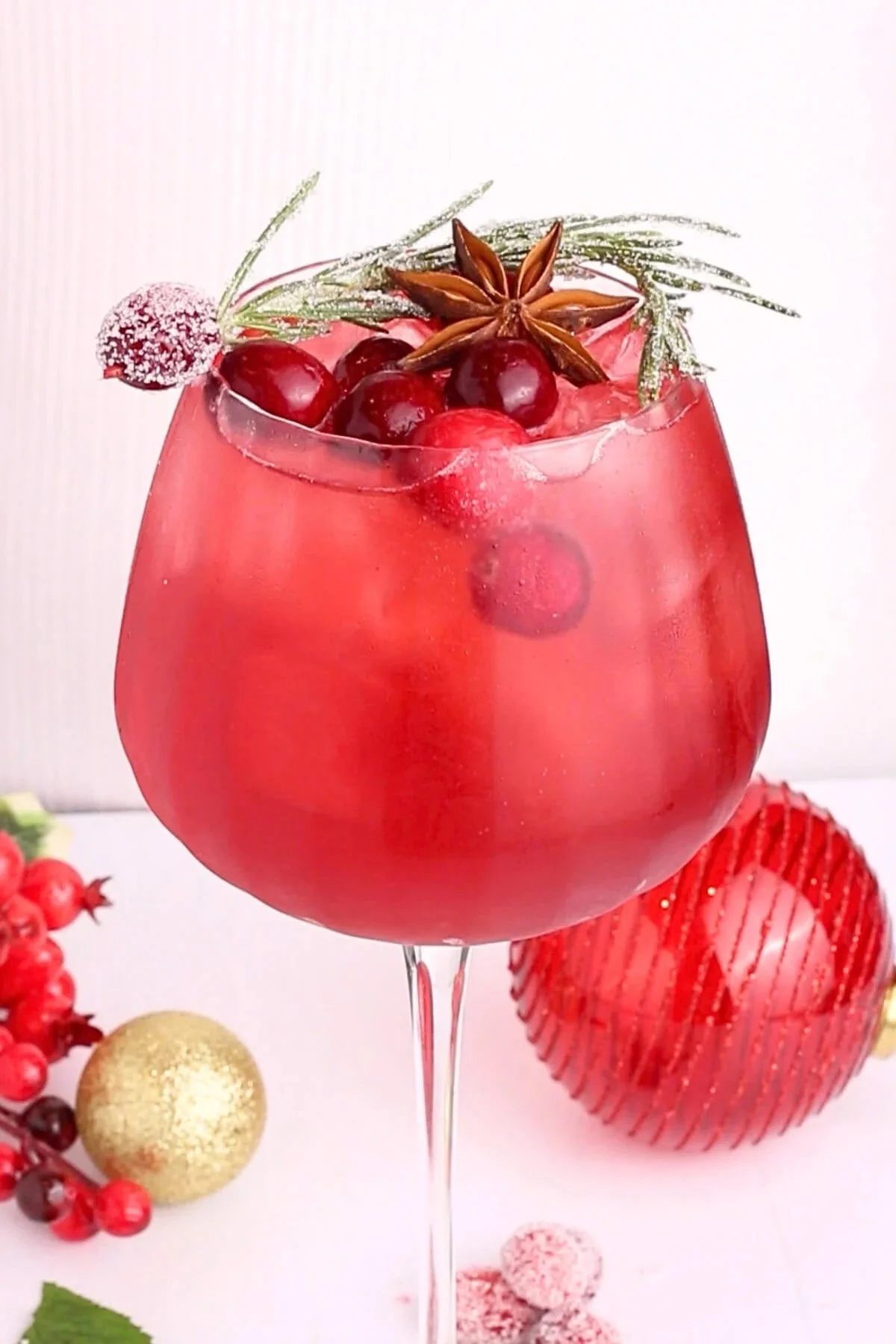 Santa's Spritz Mocktail served in a festive glass garnished with fruit.