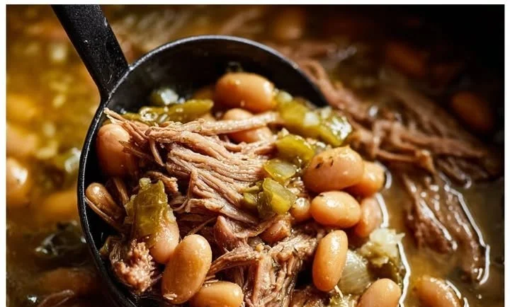 Slow cooker pinto beans with green chile and beef in a rustic bowl.