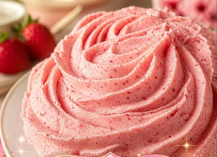 Delicious Strawberry Buttercream Icing on a cupcake.
