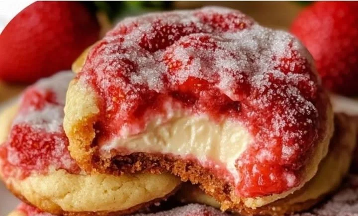 Strawberry Cheesecake Cookies freshly baked and garnished with strawberries