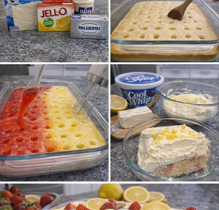 Delicious strawberry lemonade poke cake topped with fresh strawberries and lemon zest