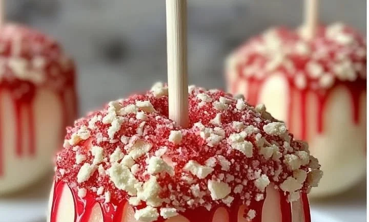 Delicious strawberry shortcake candy apples ready to enjoy