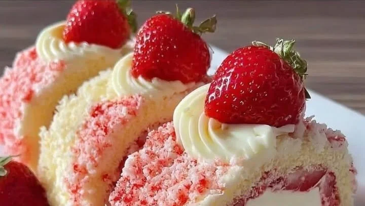 Strawberry shortcake cheesecake rolls with fresh strawberries and whipped cream