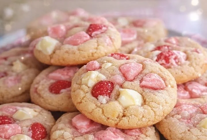 Freshly baked Strawberry White Chocolate Cookies on a plate