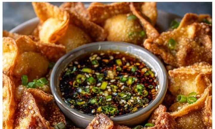 Crispy stuffed chile wontons with jalapeño soy sauce on a plate.
