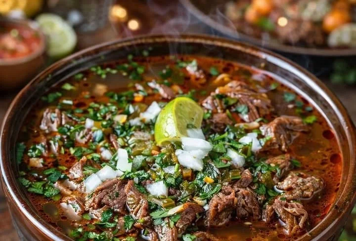 Delicious Traditional Mexican Birria served in a bowl with fresh garnishes