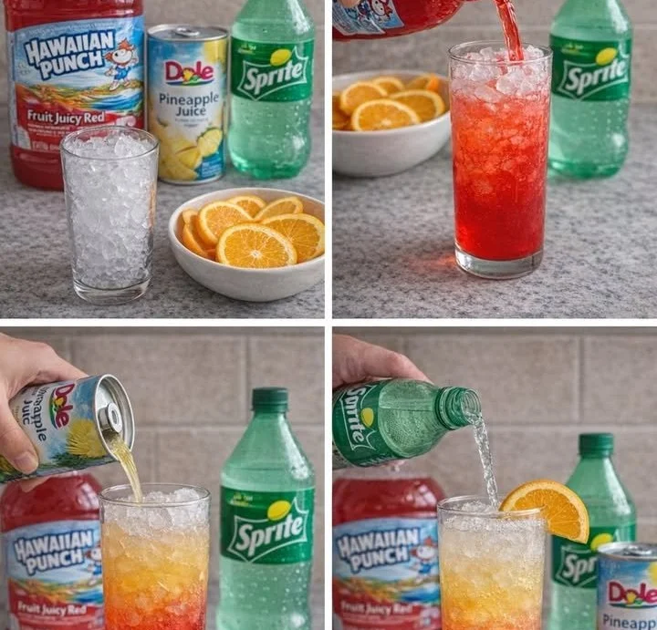 Colorful Tropical Sunset Punch in a glass garnished with fruits and ice