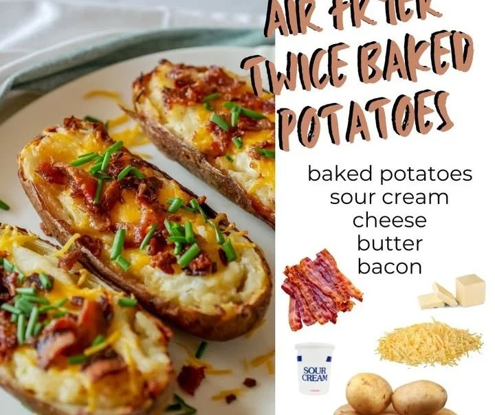 Delicious twice baked potatoes topped with cheese and chives.