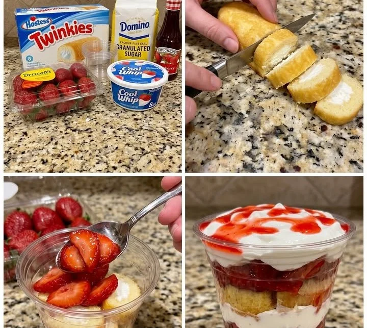 Twinkie Strawberry Shortcake Cups topped with fresh strawberries and whipped cream.