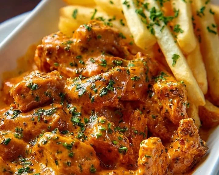 Creamy paprika chicken bites served with crispy fries