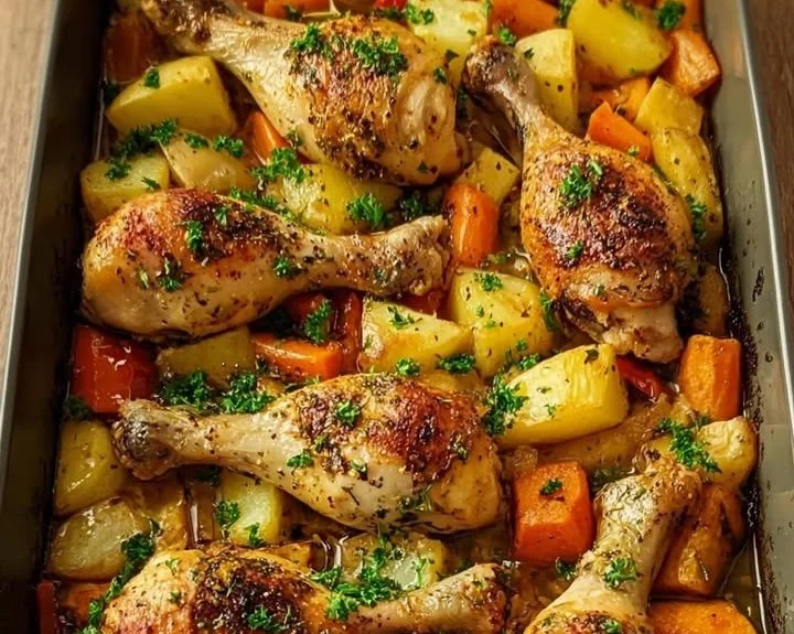 One-pan roasted chicken drumsticks with colorful vegetables on a serving platter