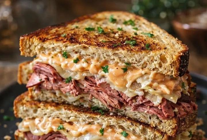 Ultimate Reuben sandwich with corned beef, sauerkraut, and cheese on rye bread.