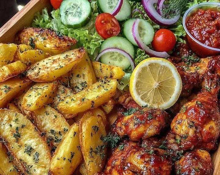 Ultimate BBQ chicken platter with crispy potatoes and fresh salad