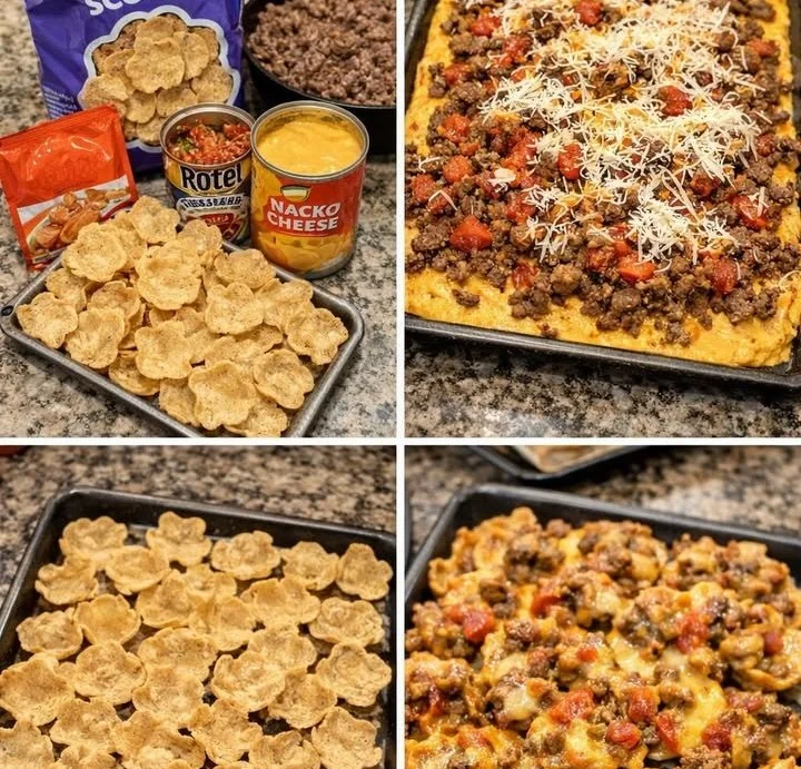 Delicious viral sheet pan nachos topped with cheese, jalapeños, and salsa.