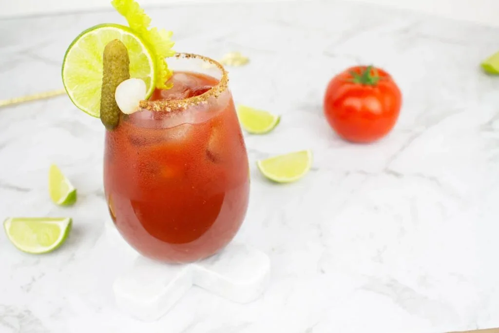 Virgin Bloody Mary mocktail with fresh vegetables and spices.