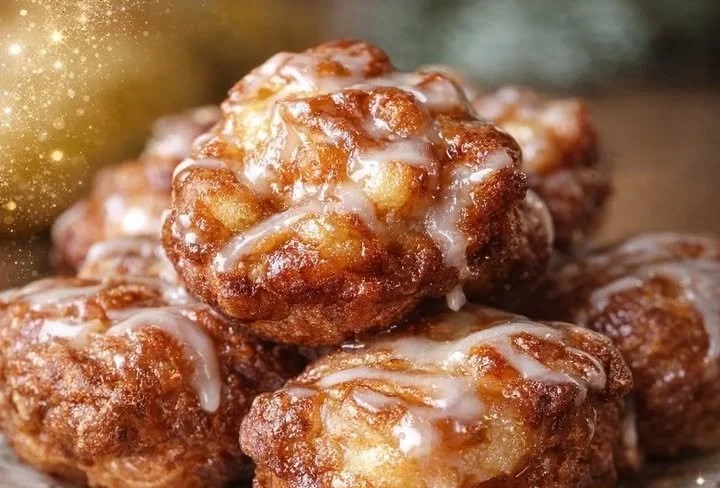 Warm baked apple fritters drizzled with icing