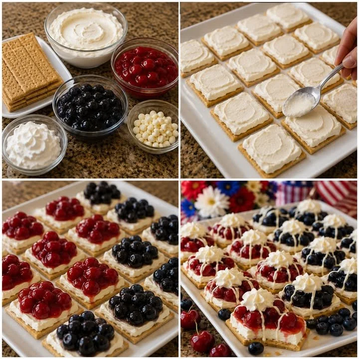 Delicious 4th of July cheesecake bites with a graham cracker crust