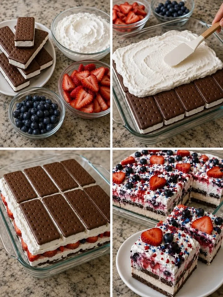 4th of July themed ice cream sandwich dessert with red, white, and blue colors