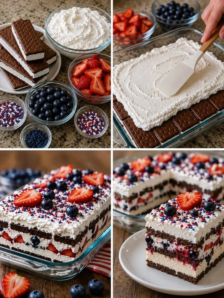 4th of July themed Ice Cream Sandwich dessert with red, white, and blue toppings.