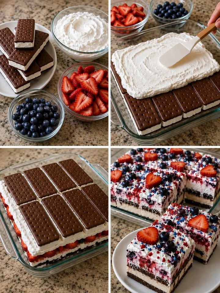 4th of July themed ice cream sandwich dessert with festive decorations