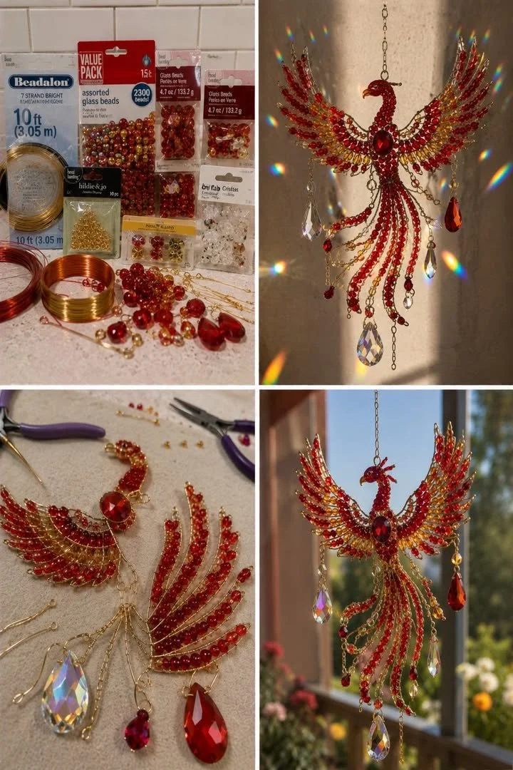 Handmade beaded phoenix-style hanging ornament and sun catcher