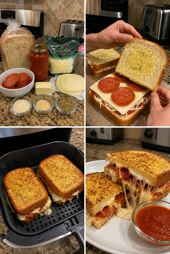 Air Fryer pizza melt sandwiches with melted cheese and pepperoni.