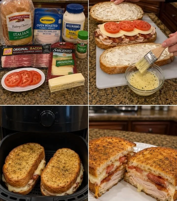Air Fryer Turkey Club Melts sandwich with crispy bread and fresh ingredients