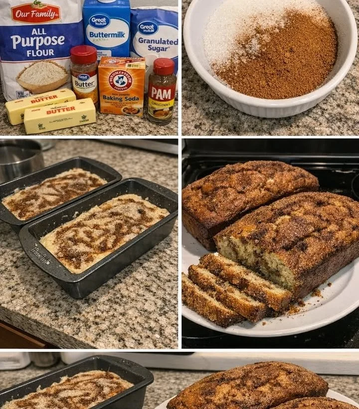 Loaf of freshly baked Amish Cinnamon Bread with a cinnamon swirl topping