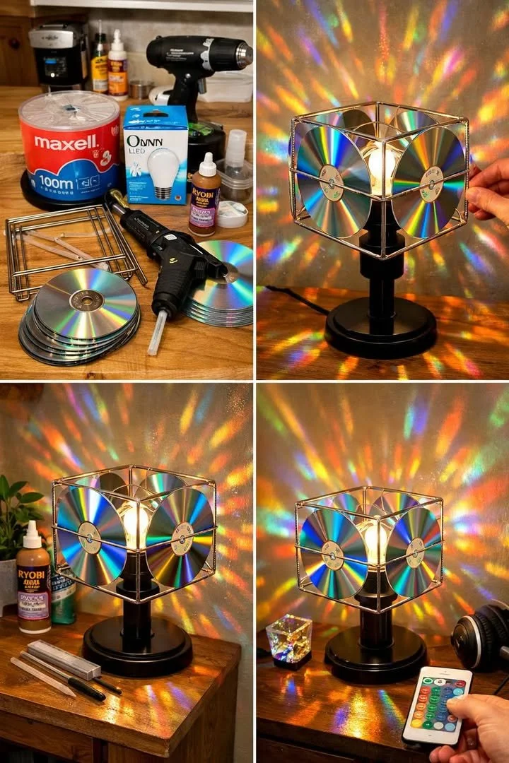 DIY rainbow lamp made from recycled CDs and DVDs creating colorful light patterns.