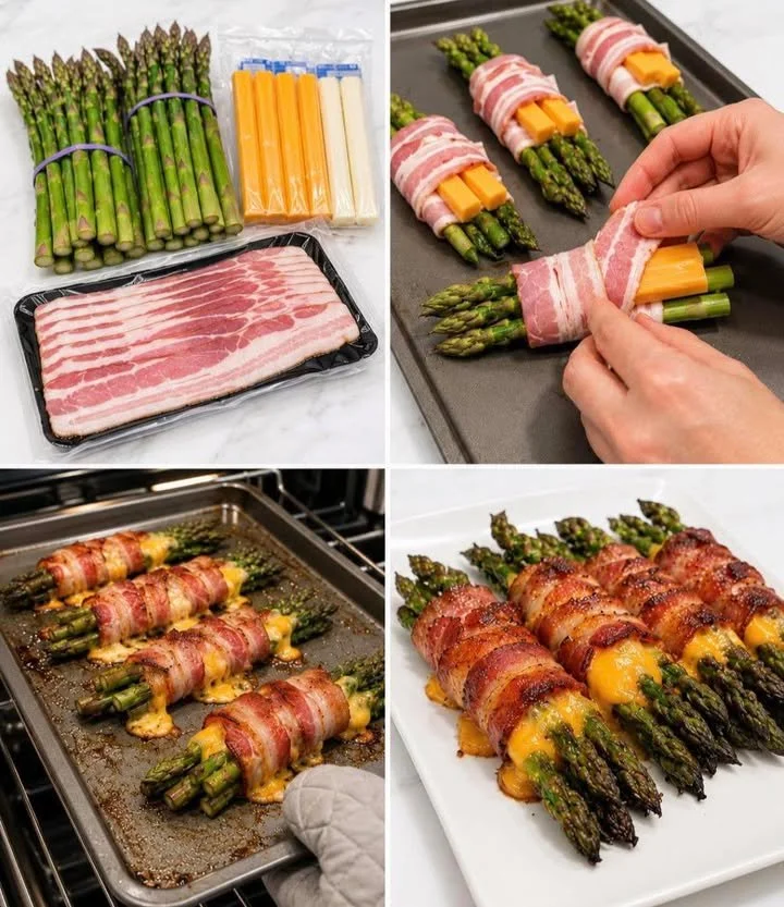 Bacon cheddar wrapped asparagus on a platter, garnished beautifully.