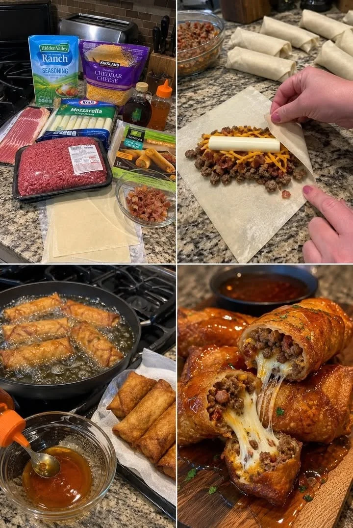 Bacon Ranch Burger Egg Rolls served with dipping sauce on a plate