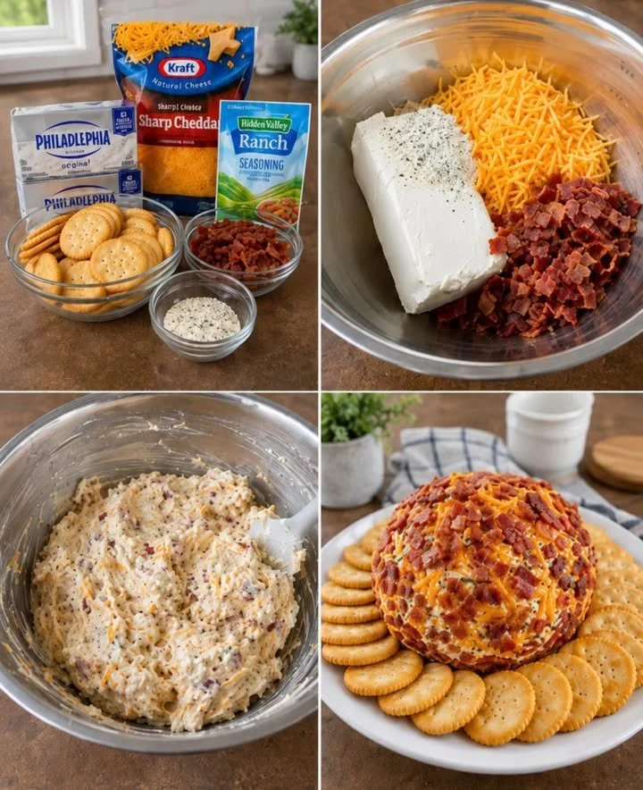Bacon Ranch Cheese Ball served on a platter with crackers and vegetables