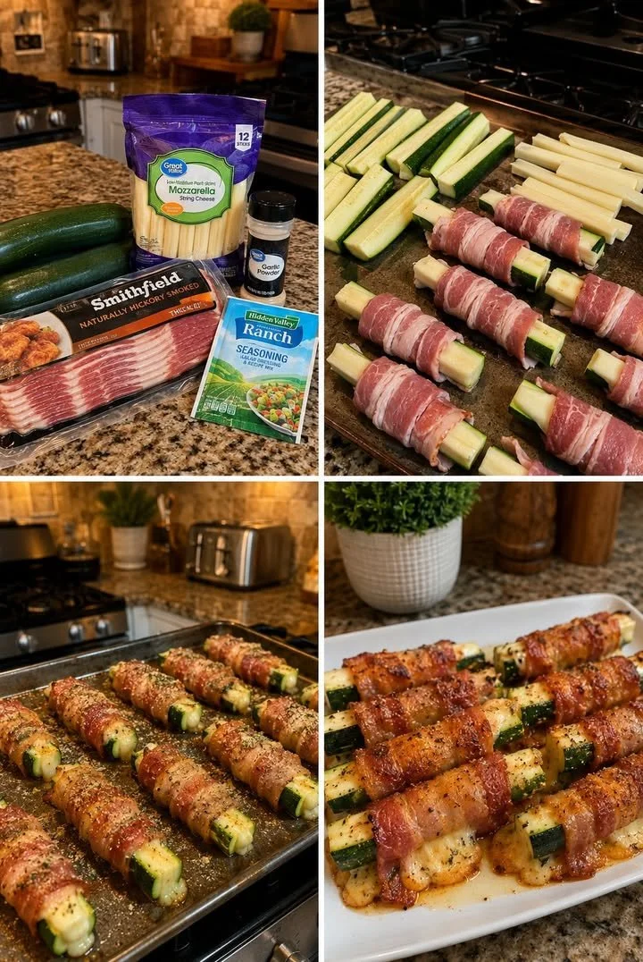 Bacon wrapped zucchini cheese sticks on a platter for a tasty appetizer.