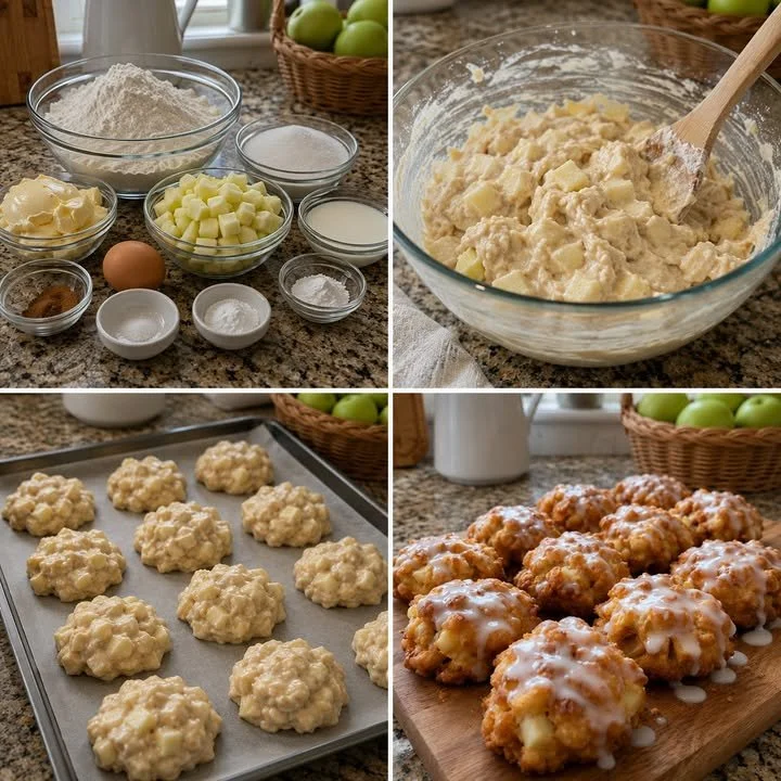 Delicious baked apple fritters with cinnamon drizzled on top.
