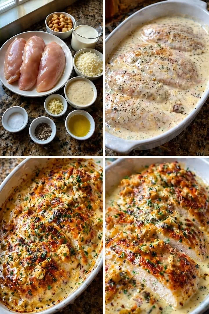 Baked Caesar Chicken drizzled with creamy parmesan sauce, served on a plate.